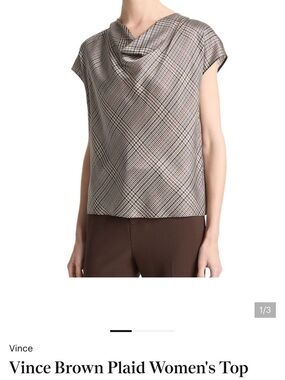 Vince Taupe and Brown Plaid Draped-Neck Cap Sleeve Top